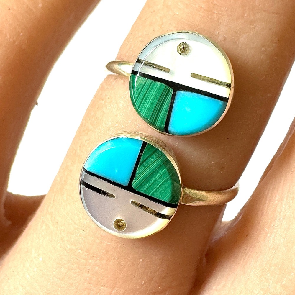 Zuni Indian Sunface Ring Wrap Adjustable Sz 7 Turquoise Inlay‎ Woman Native Amer